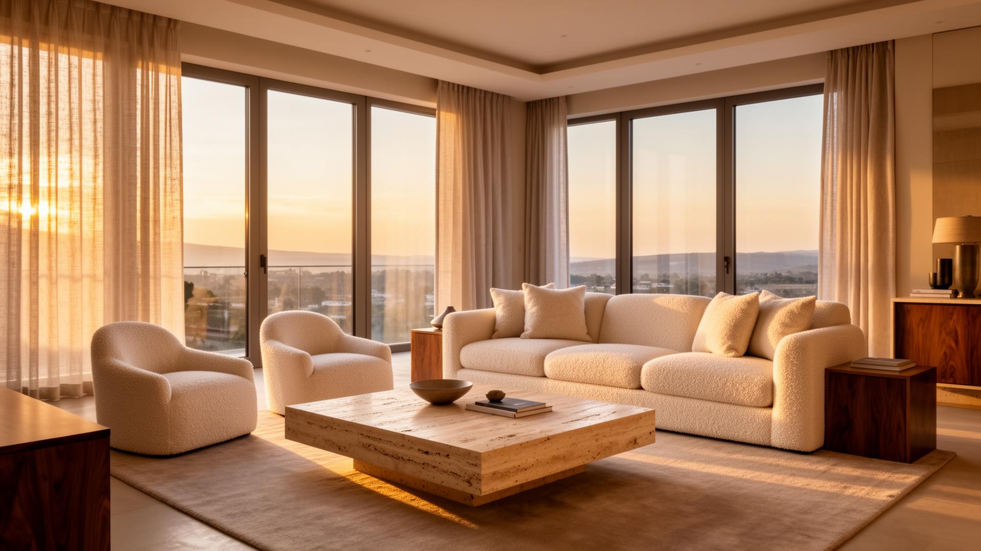 Sunlit luxury living room with panoramic views