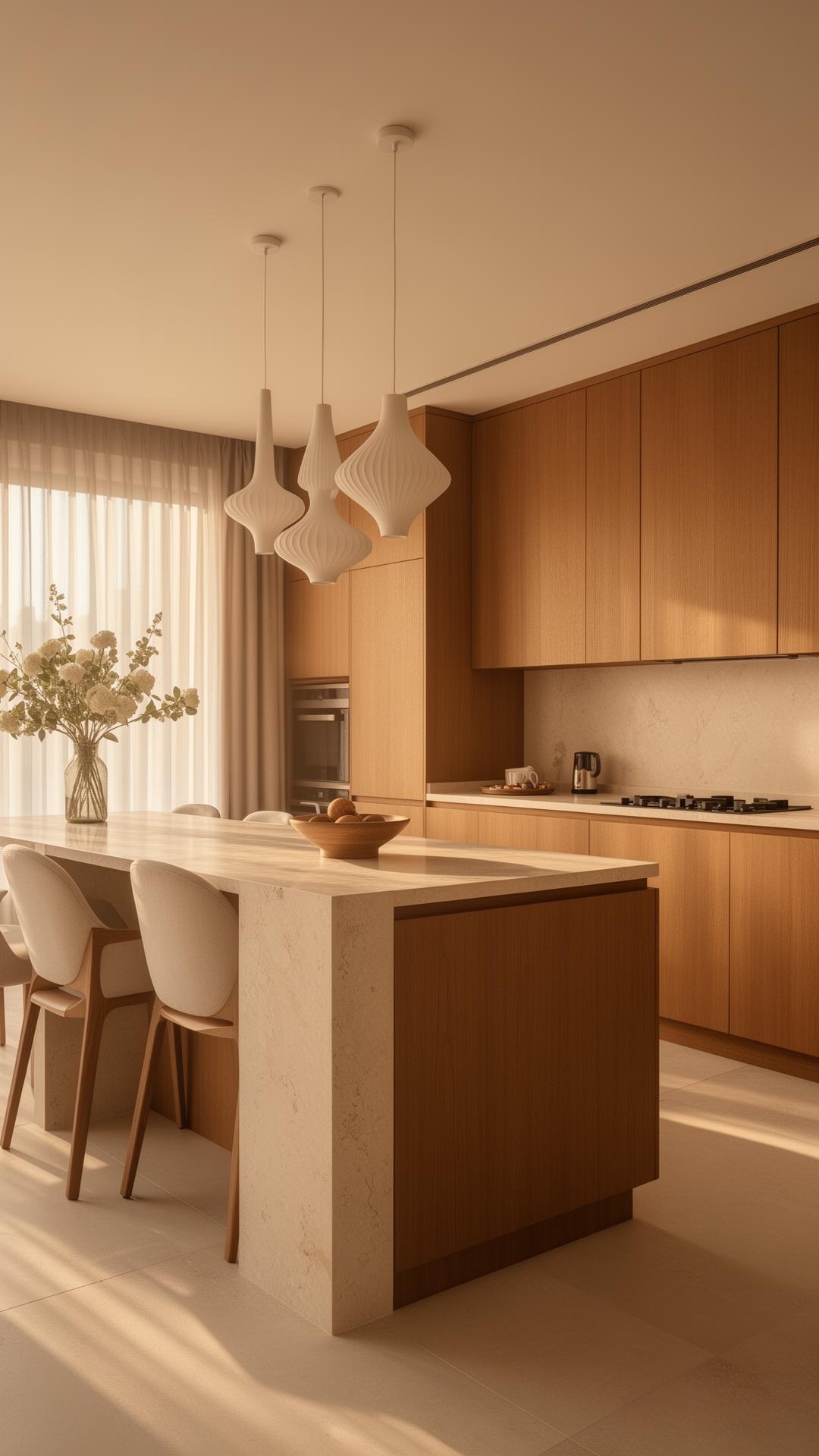 Modern warm-toned kitchen and dining space